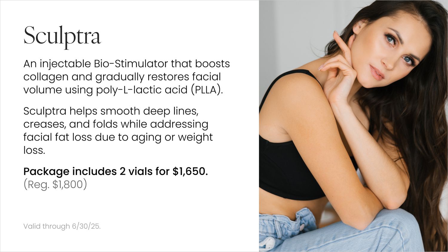 Sculptra advertisement highlighting injectable facial treatment.